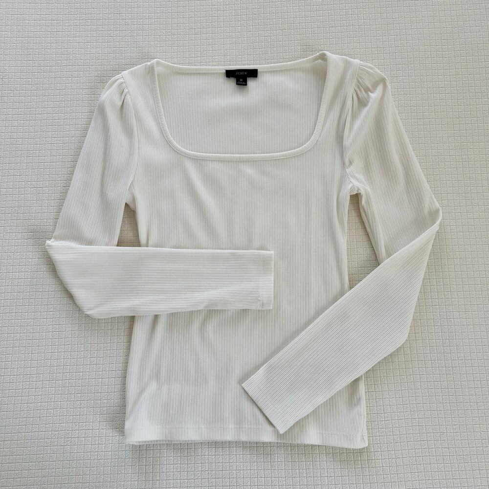 J.Crew White Ribbed Stretch Cotton Square Neck Long Sleeve T-Shirt Size M